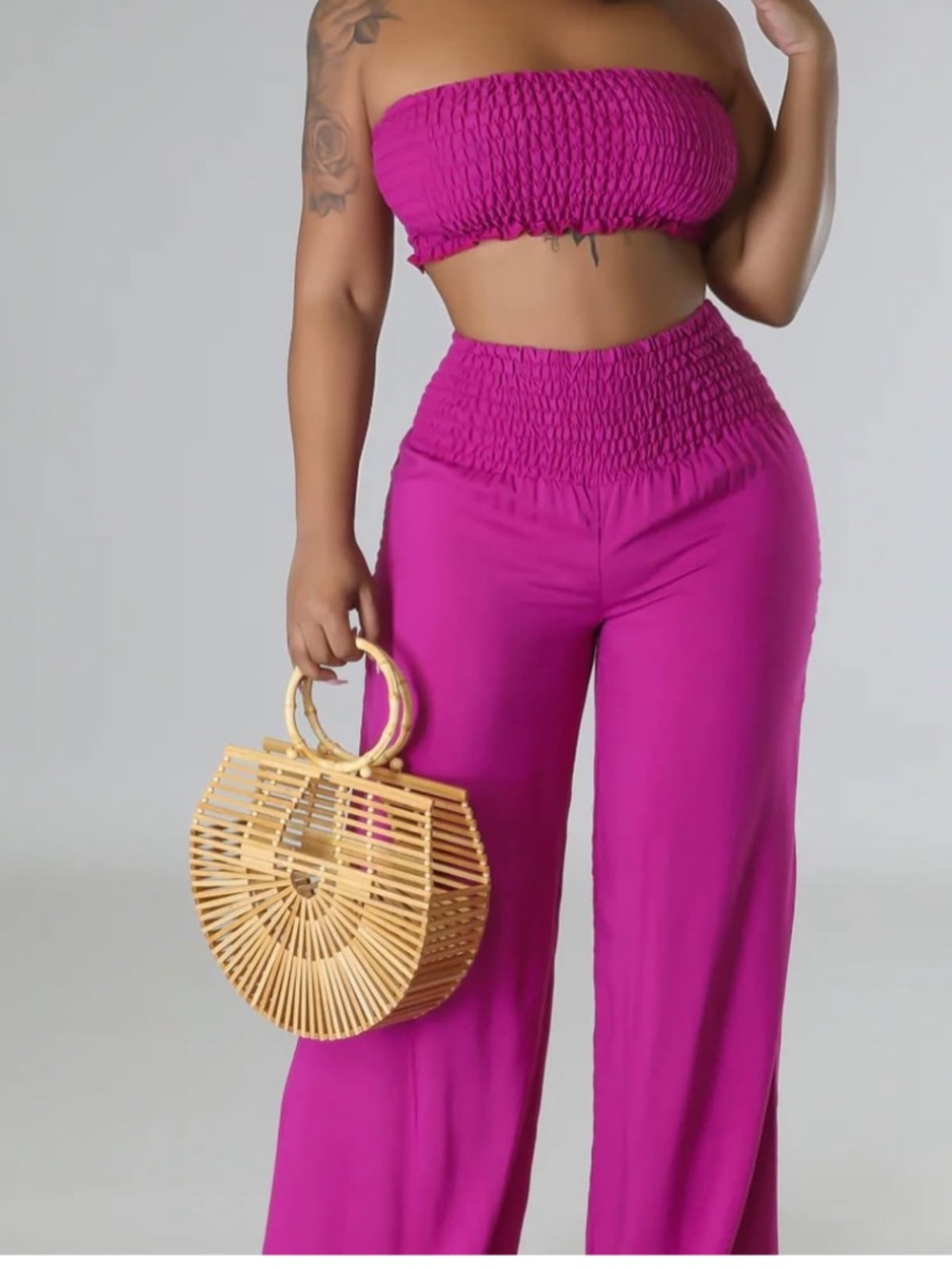 NWOT Smocked Bandeau Top & Wide-Leg Pants Set - Fuchsia
